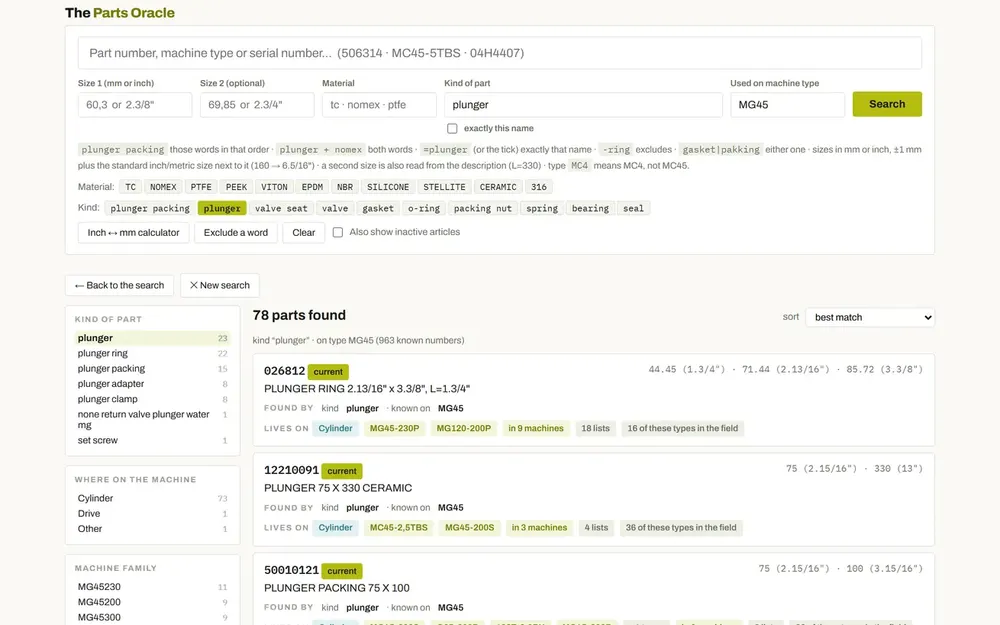 Parts Oracle in the BISC portal showing search results for a plunger