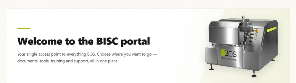 Welcome screen of the BISC portal of BOS Homogenisers